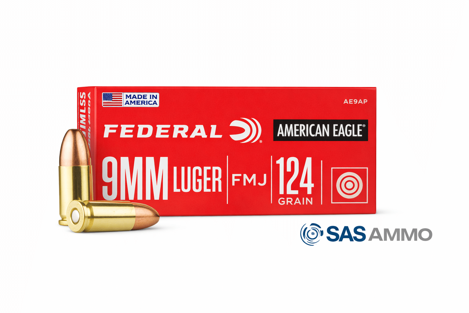 Federal American Eagle 9mm 124gr FMJ Ammo Federal American Eagle 9mm 124 Grain FMJ Ammunition AE9AP