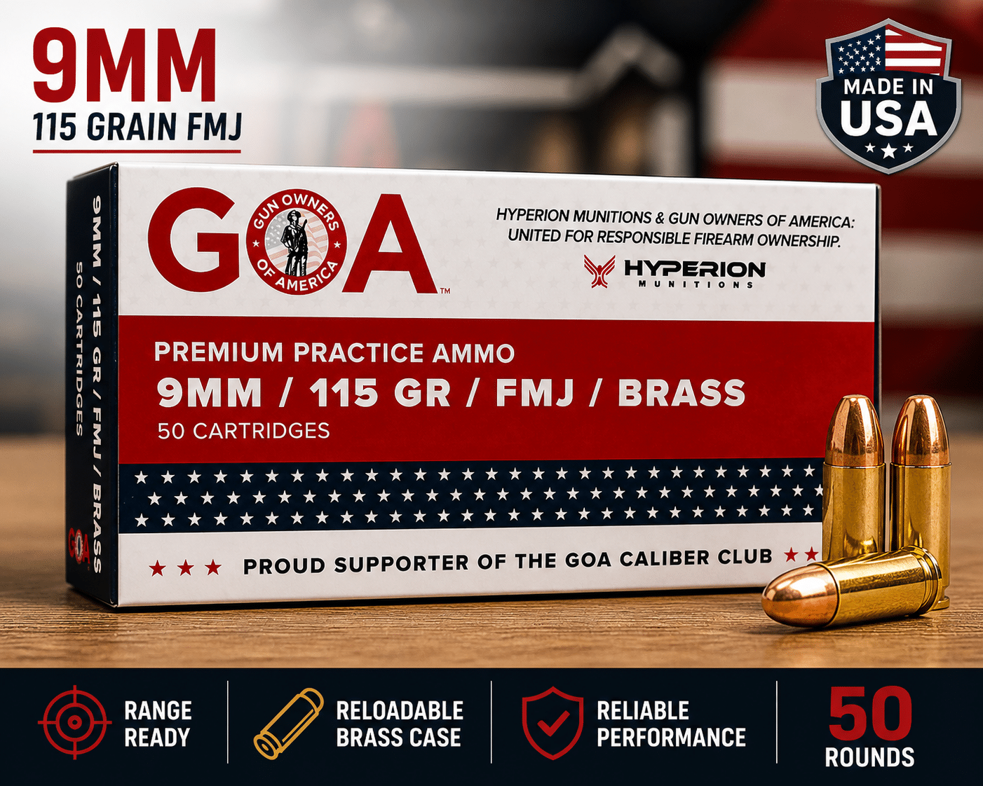 9mm 115 Grain FMJ GOA Hyperion Brass Ammo – 1,000 Rounds Range & Target Made in USA FREE SHIPPING