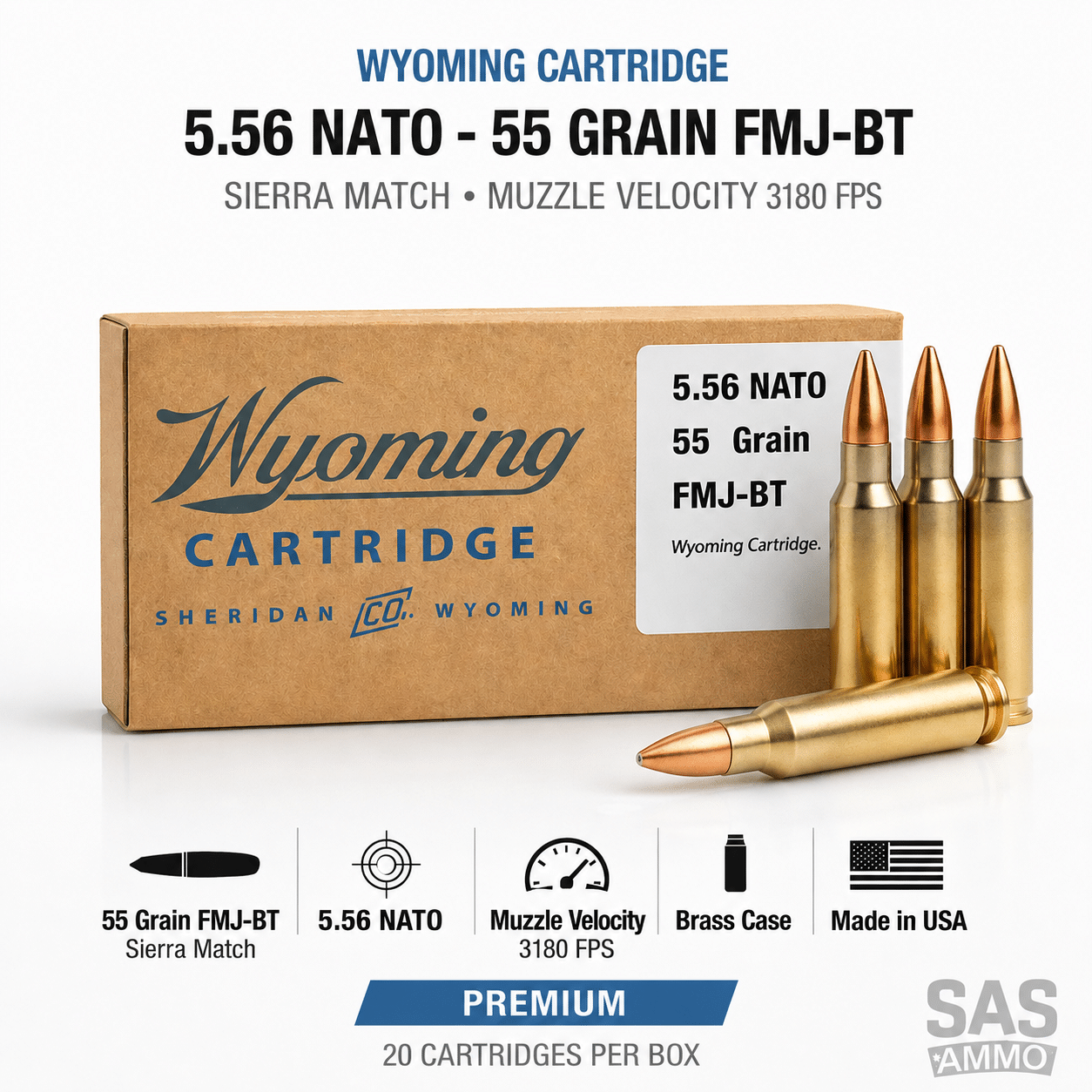 Wyoming Cartridge 5.56 NATO 55 Grain FMJ-BT Brass Case Ammunition Made in USA Wyoming Cartridge 5.56 NATO 55 Grain FMJ-BT