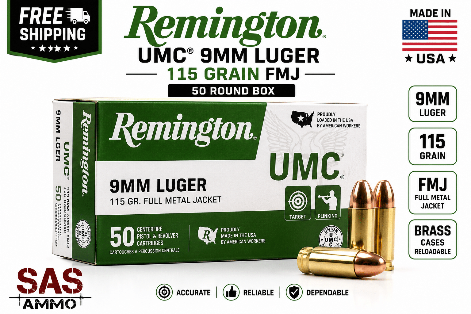 Remington UMC 9mm 115 Grain FMJ Ammo Remington UMC 9mm 115 Grain FMJ ammo 50-round box