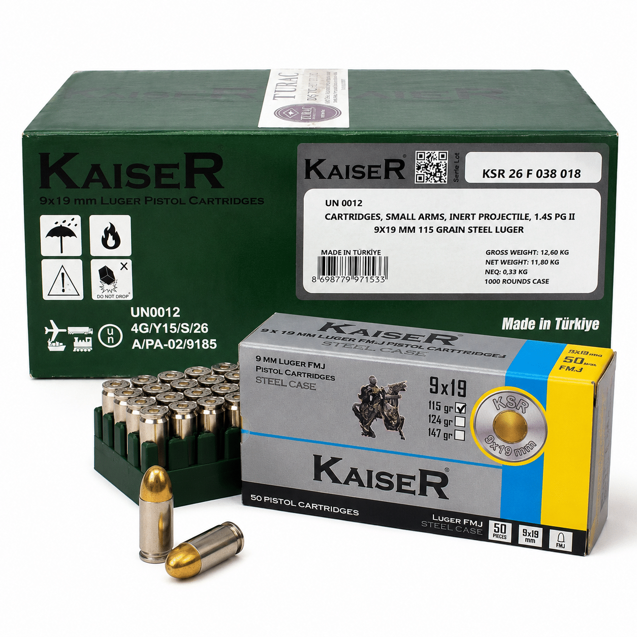 Kaiser 9mm 115 Grain FMJ Steel Case Ammo Kaiser 9mm Luger 115 Grain FMJ Steel Case Ammunition 1000 Round Case manufactured by Sterling