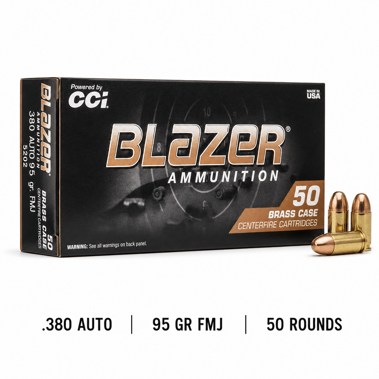 Blazer Brass .380 Auto 95 Grain FMJ 50-round box Blazer Brass .380 Auto 95 Grain FMJ 50-round box
