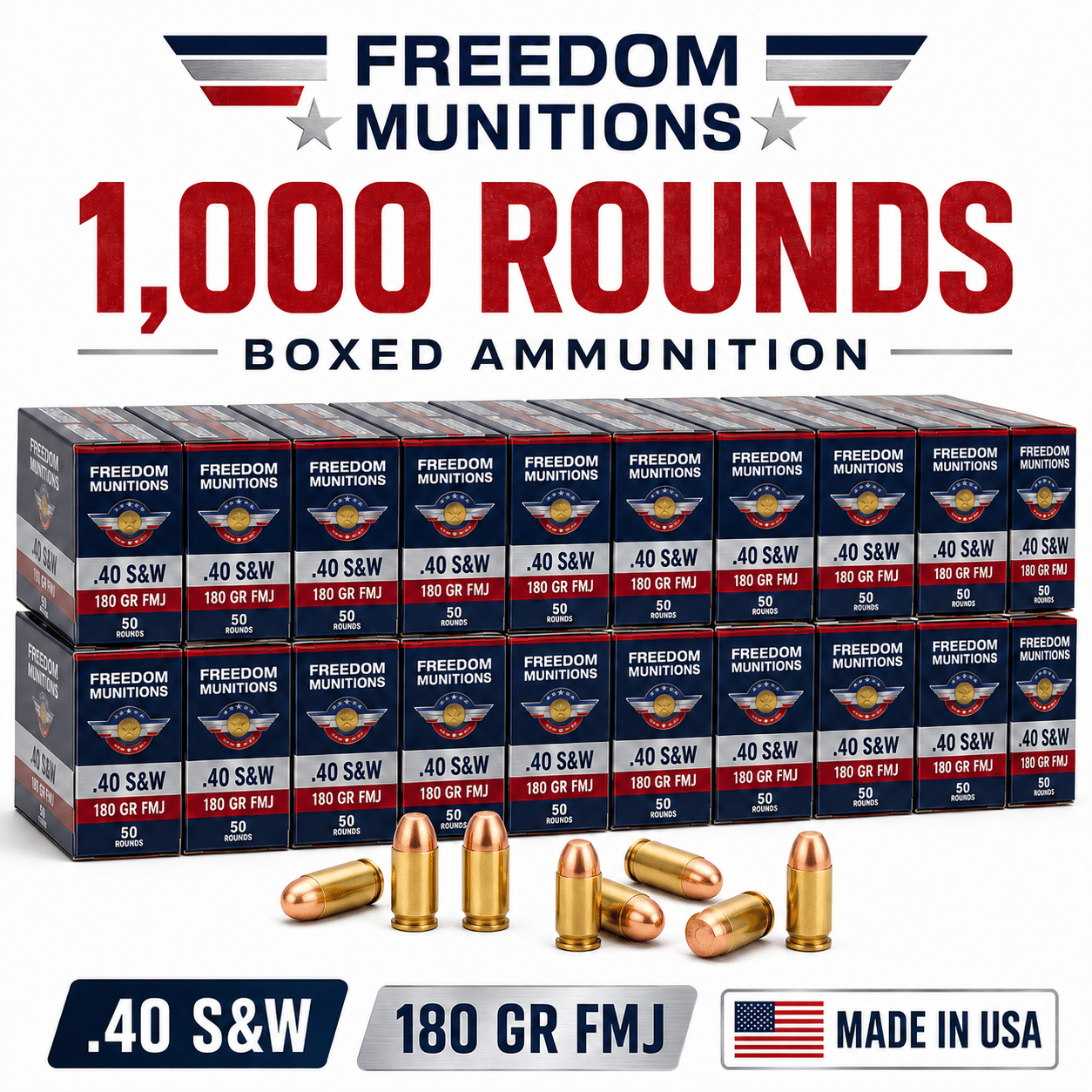 Freedom Munitions 40 S&W 180 grain FMJ brass ammo 1000 rounds boxed Freedom Munitions 40 S&W 180 grain FMJ brass ammo 1000 rounds boxed