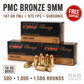 PMC Bronze 9mm 147 Grain FMJ subsonic ammo in 500, 1,000 and 1,500 round variations with free shipping PMC Bronze 9mm 147 Grain FMJ subsonic ammo in 500, 1,000 and 1,500 round variations with free shipping